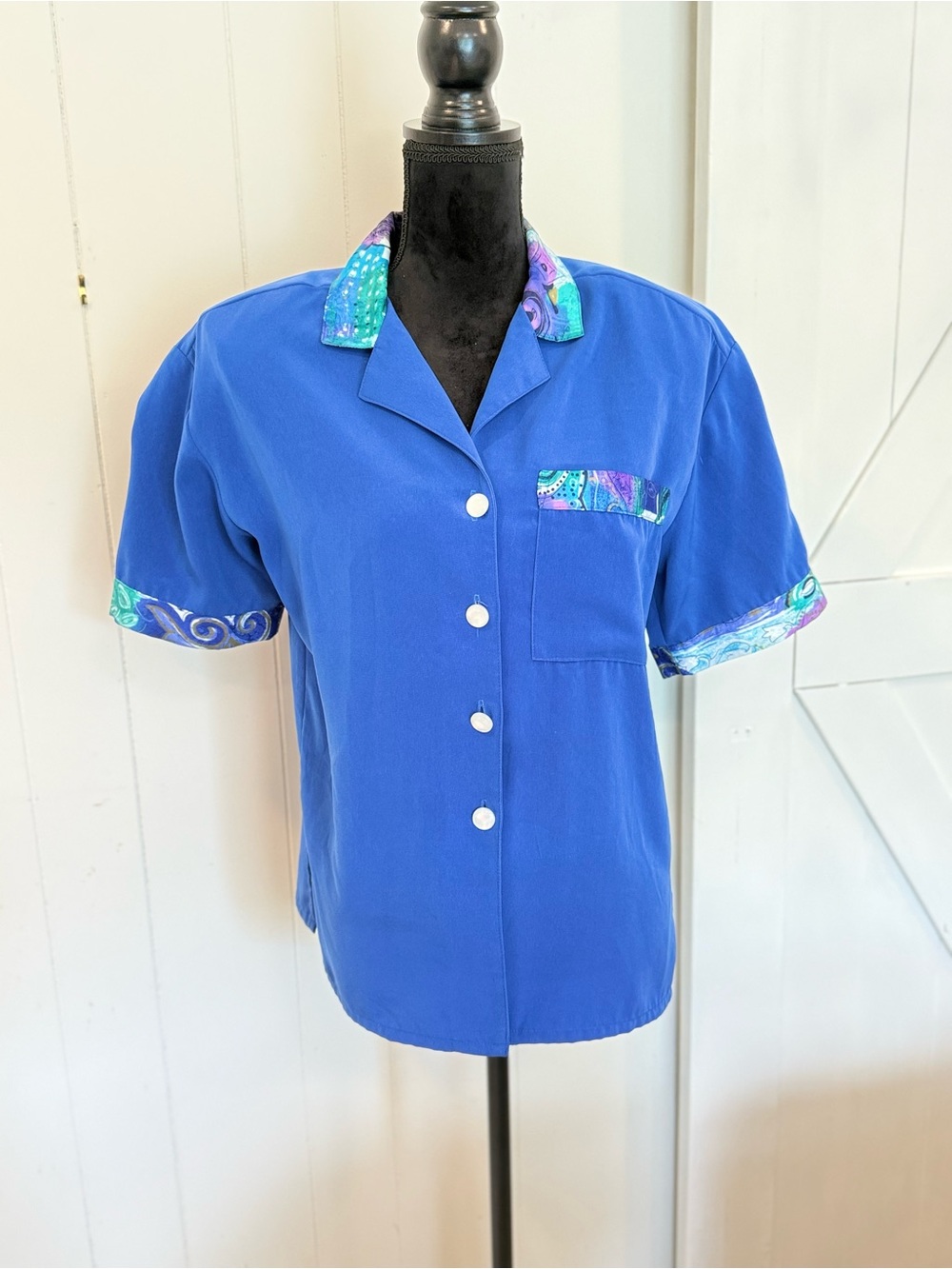 Vintage Pierre Lamonte Bright Blue Short-Sleeve Blouse with Printed Trim